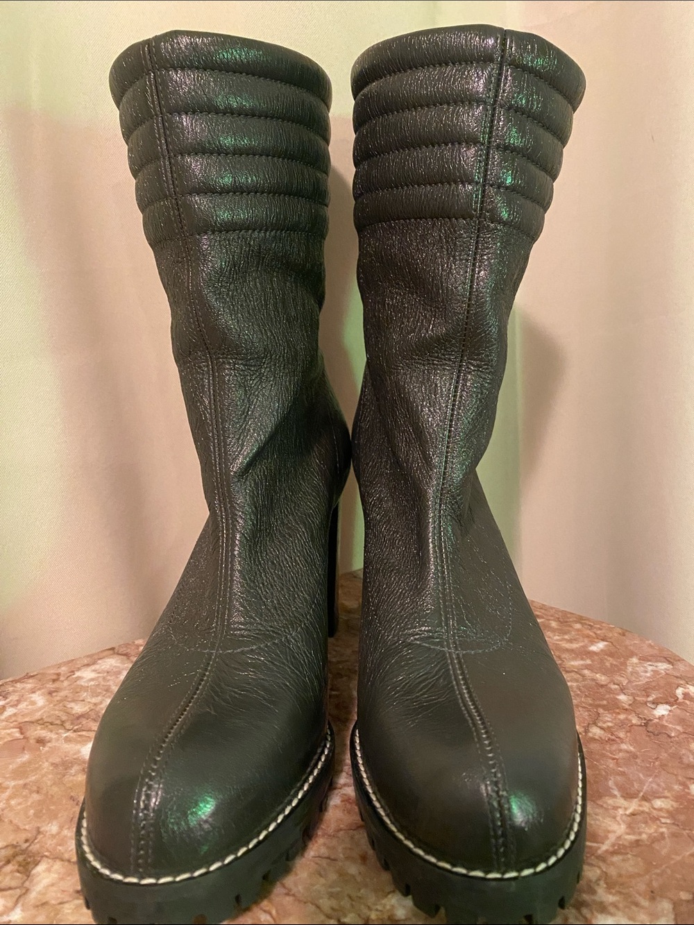 Stuart Weitzman Gray Patent Leather Lug Sole Block Heel Boots size 8 1/2